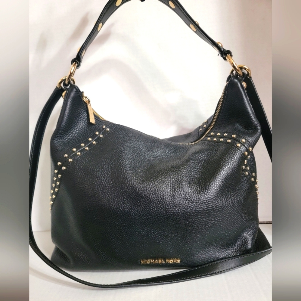 Michael Kors Aria Studded MD Leather Satchel Handbag Black